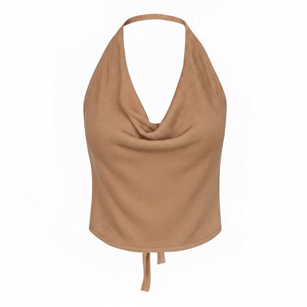 New Aya Muse Cinnabar Knit Tied Draped Halter Crop Top XS Light Brown